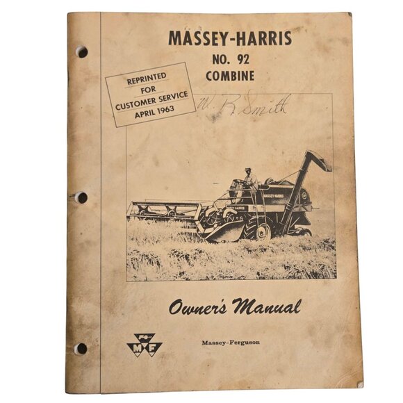 Vintage Massey Harris No 92 Combine Owners Manual 1963 Agricultural Repair Guide - Picture 1 of 16